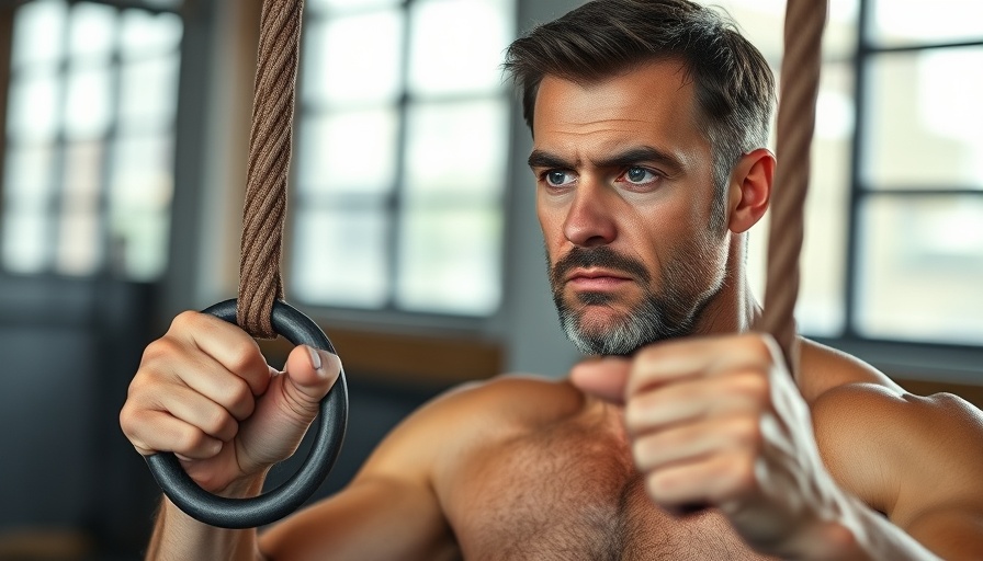 Mature man training smartly with gymnastic rings