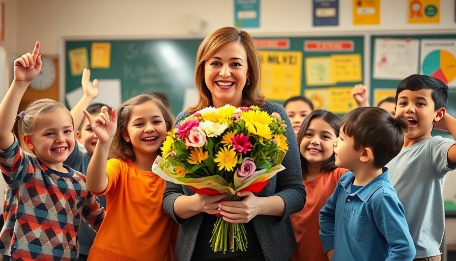 Disney On Ice Surprise for Teacher and Class - Teacher receiving flowers from news reporter with excited students.