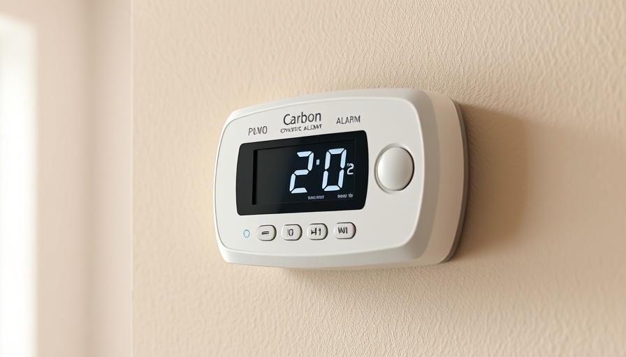 Digital carbon monoxide alarm mounted on beige wall displaying zero.