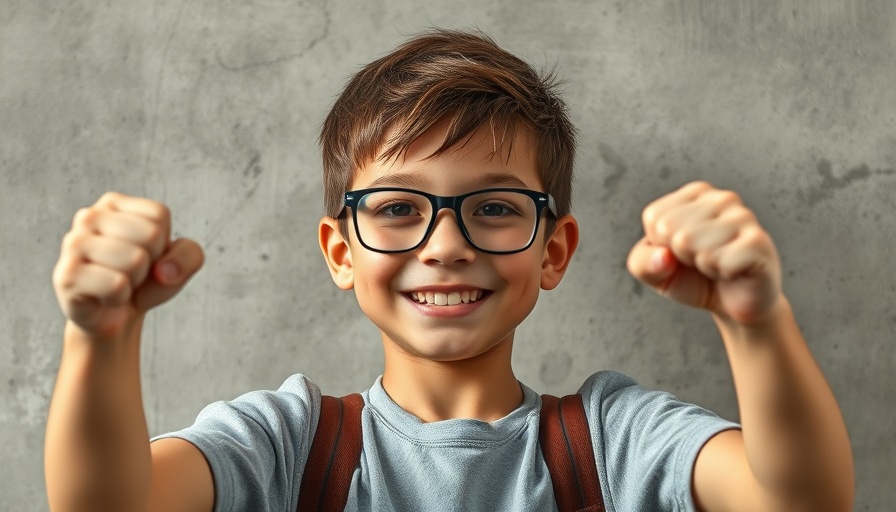 Confident boy raising fists, promoting raising confident kids.