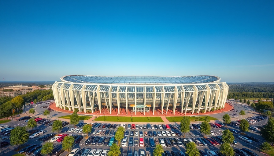 NFL stadium with full parking lot, highlighting climate change initiatives.