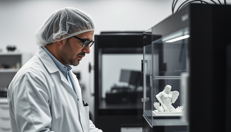 Researcher examining 3D printer for windpipe transplant in lab.