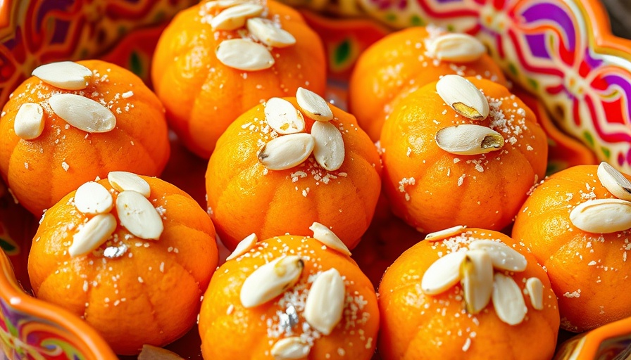 Orange mithai with silver foil, almonds, pistachios.