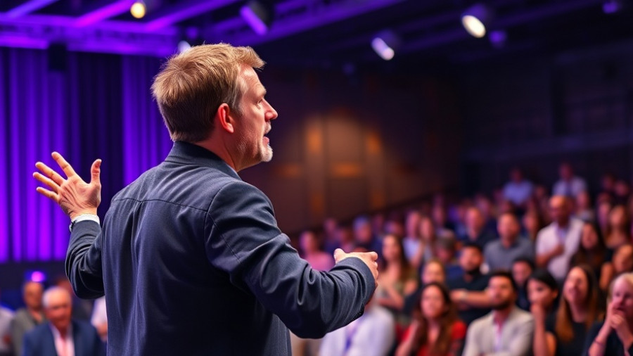 Engaging male speaker captivates audience, highlighting power of language.
