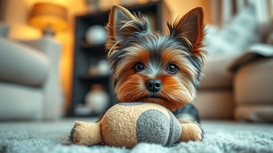 Yorkshire Terrier enjoying a plush toy, showing joy.