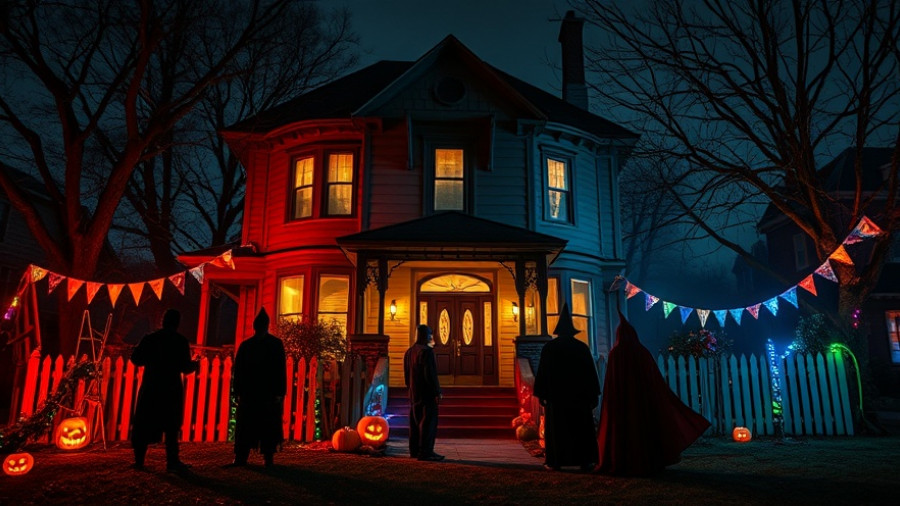 Colorful haunted house during charity event with costumes and lights.