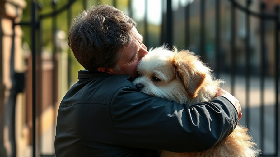FOUND Act for Pet Protection: Man hugging fluffy dog outdoors, highlighting pet safety.