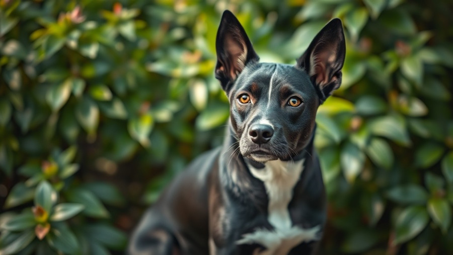 Alert black and white dog in greenery during community rescue efforts.