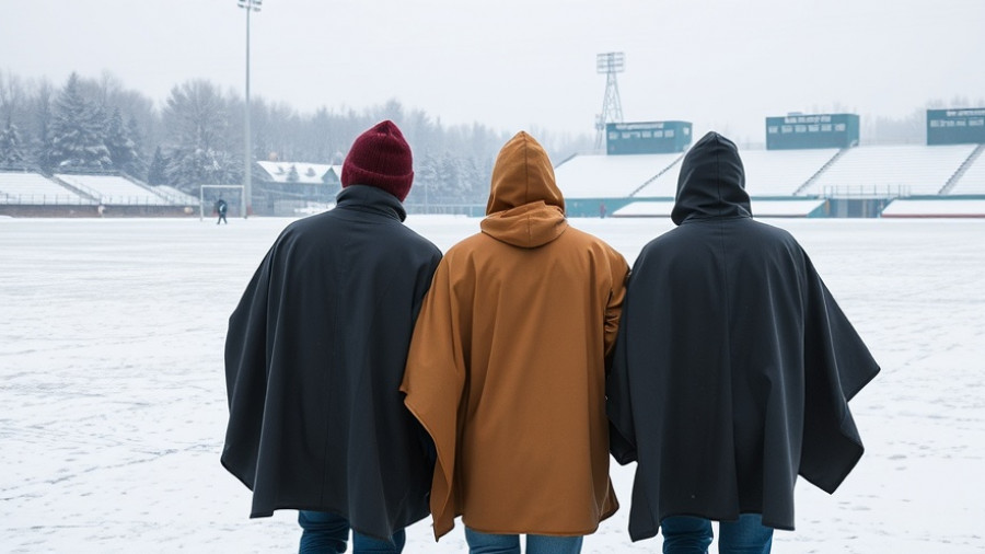 Three people walking on a snowy field wearing ponchos for hikes instead of detention.