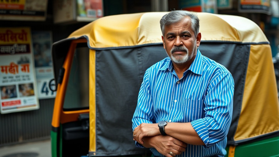 Middle-aged man standing by a yellow auto-rickshaw, overcast lighting.