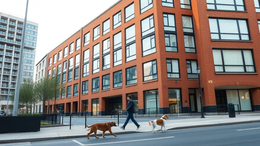 Appleby Blue Almshouse; urban building with person walking dogs.
