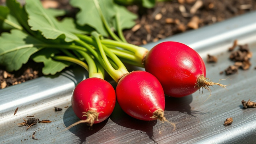 Vibrant red radishes from urban farms on a metal table.