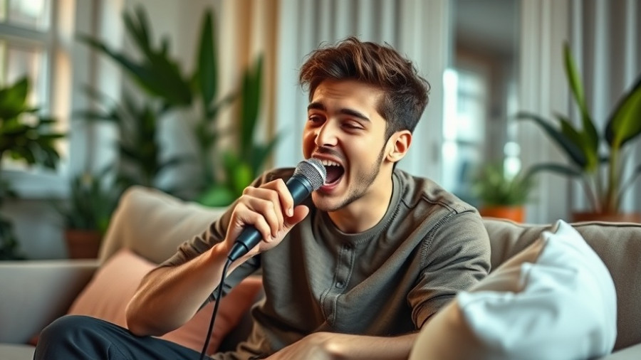 Energetic man singing during therapy for chronic breathlessness in living room.
