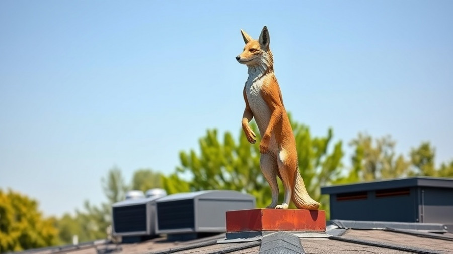 Coyote statue on rooftop as bird deterrent on sunny day.