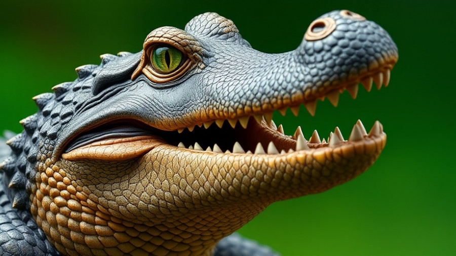 Illustration of a plant-eating crocodile discovery with vivid green eye.