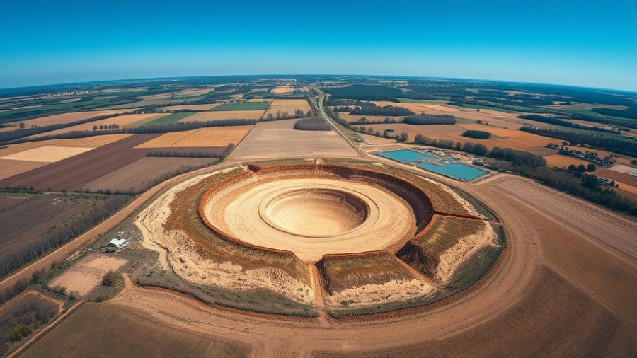 Aerial view of circular excavation in a field, upbeat news.