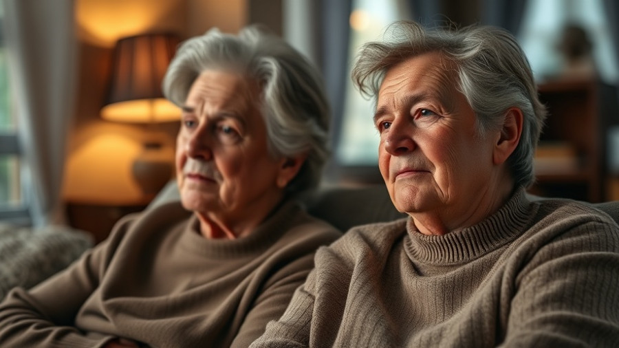 Middle-aged couple seated calmly indoors with warm lighting.