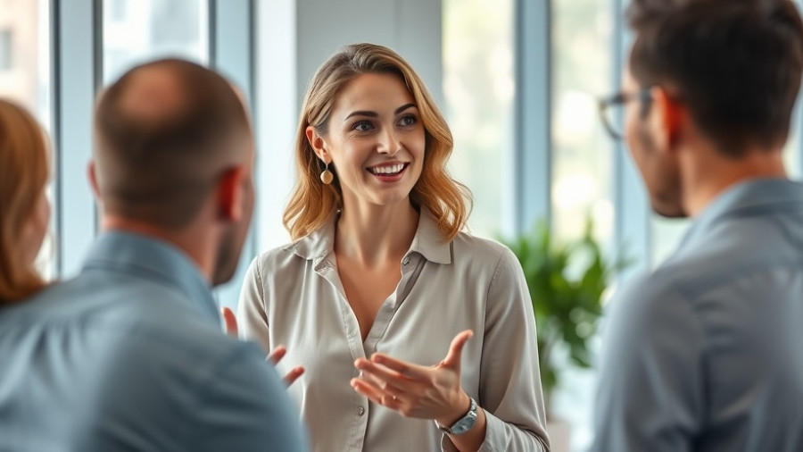 Leader using body language to influence team in a modern office.