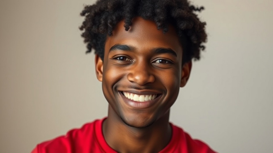 Smiling person with short hair in a red shirt against neutral background.