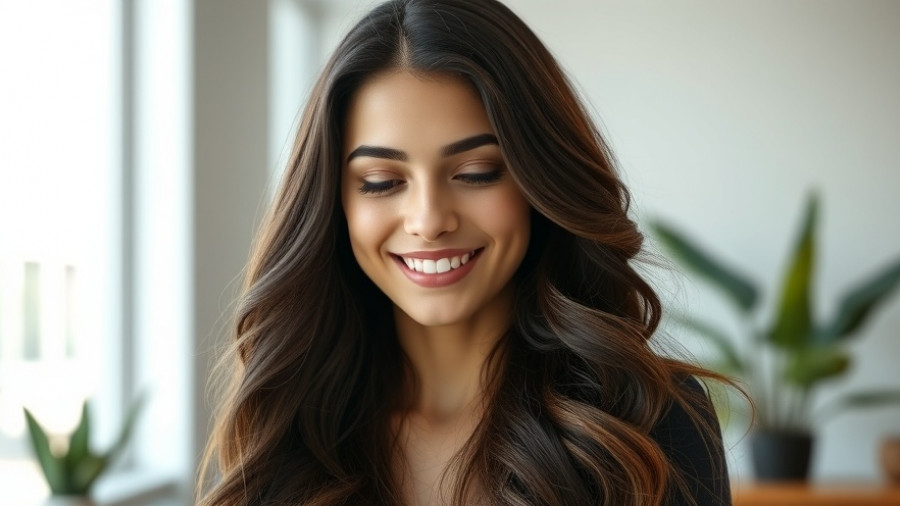 Portrait of a woman with long wavy hair in an office setting.