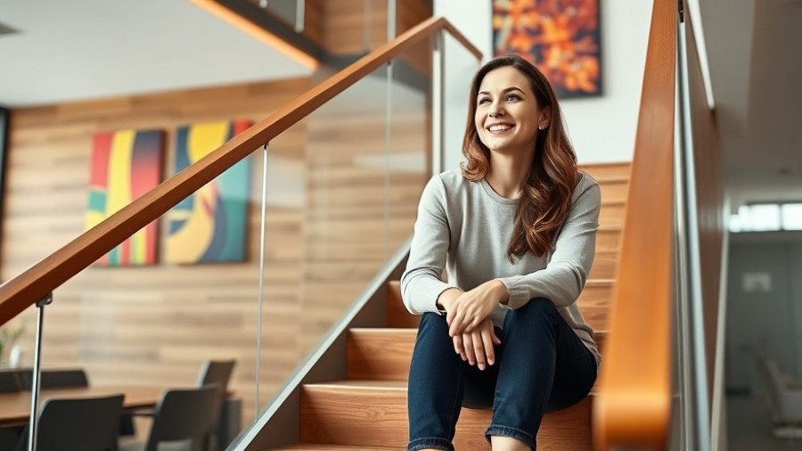 AI for climate action: Woman relaxed on modern staircase.