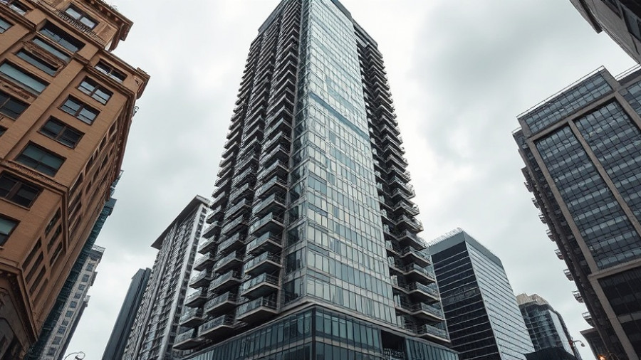 Modern upcycled skyscraper in urban environment, dynamic shot.