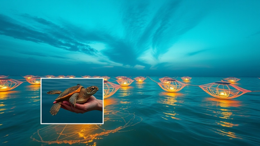 Glowing solar-powered fishing nets at sunset with sea turtle inset.
