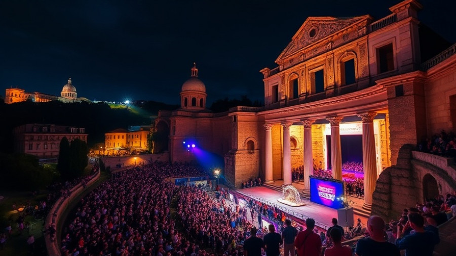 Vibrant amphitheater event at night, positive business news.