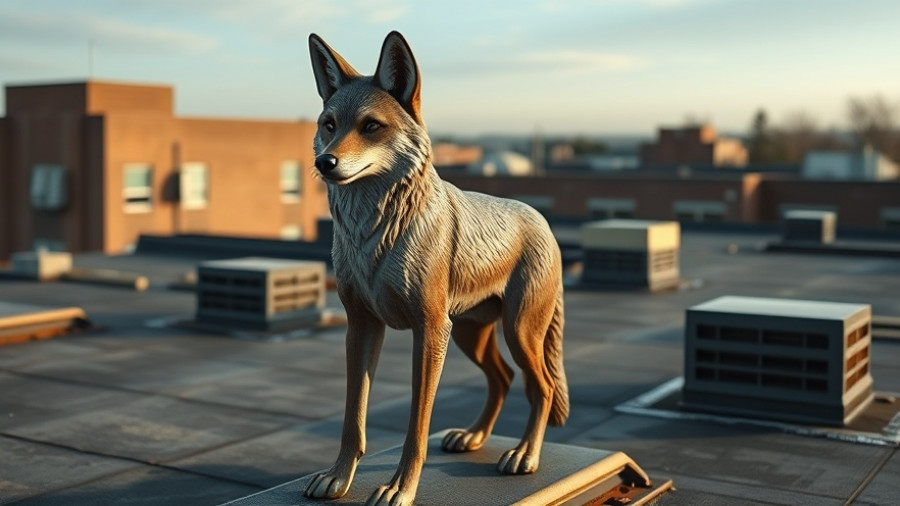 Lifelike coyote statue on school roof with vents.