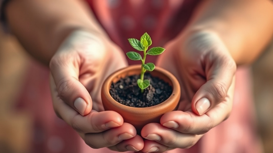 Hands holding a small clay pot with a plant symbolizing sustainable festival practices.