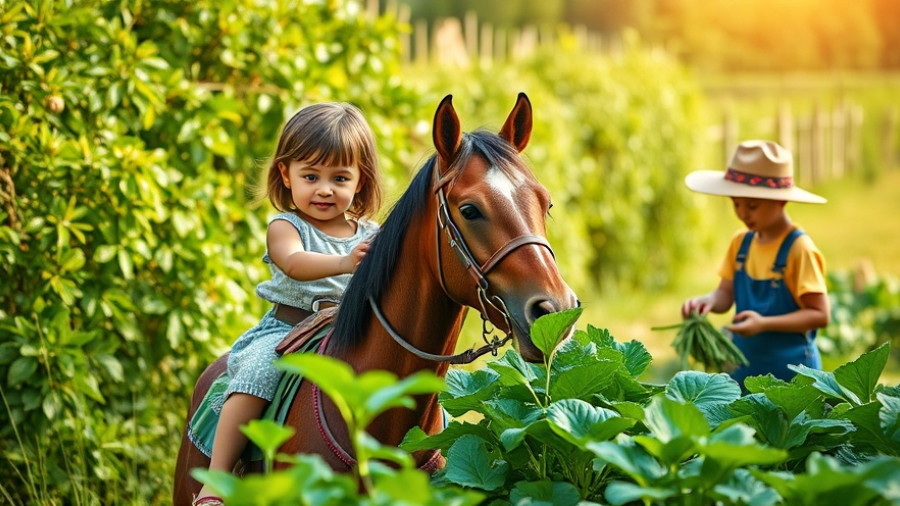 Children riding a horse and gardening, connecting with nature.