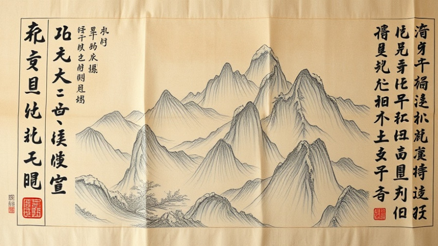 Ming Dynasty artwork scroll with mountains and calligraphy.