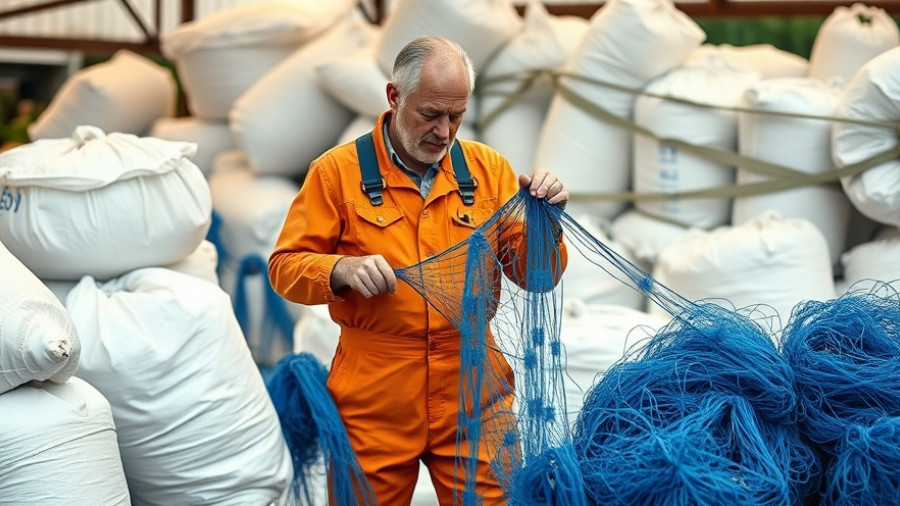 Fishing nets recycling into filament process with worker inspecting nets