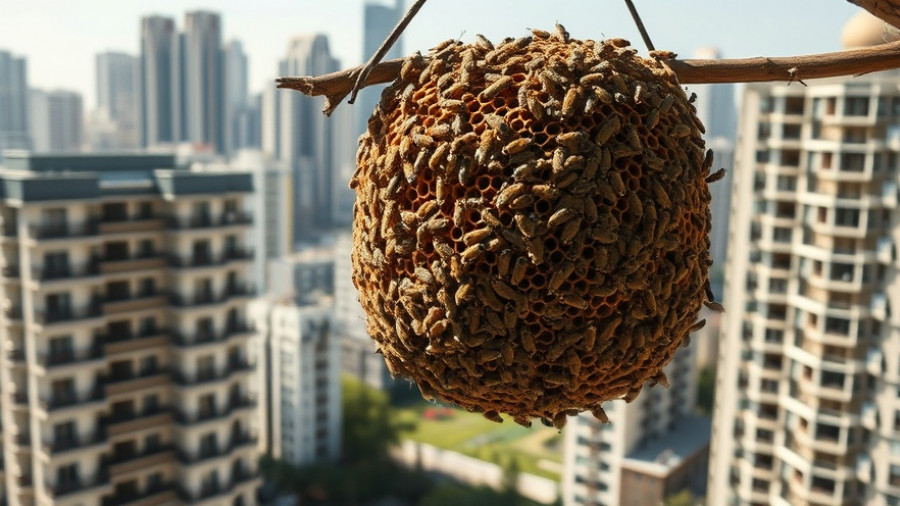 Rock bees and beehive in Bengaluru with cityscape.