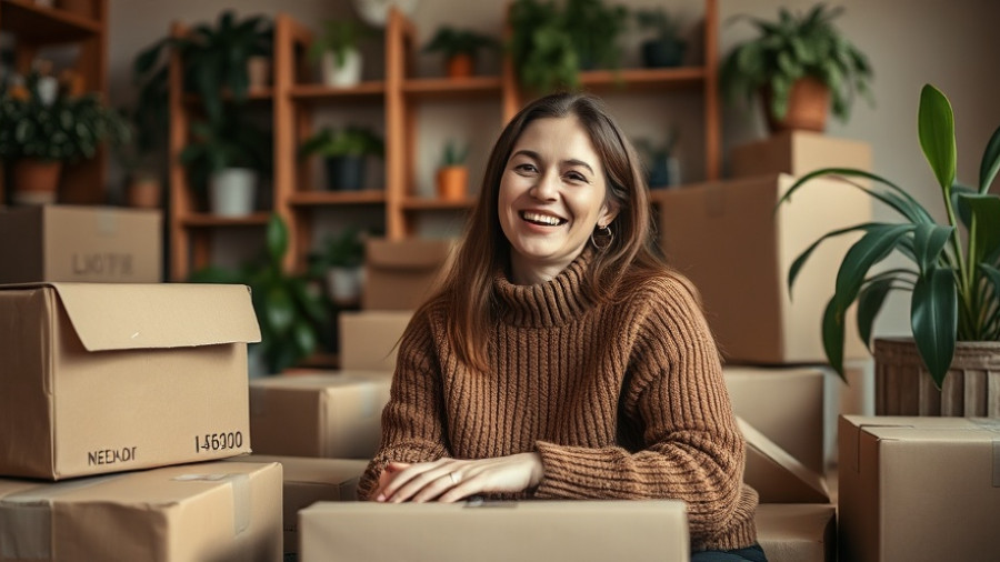 Happy woman surrounded by boxes reflecting Amazon shopping trends 2025.