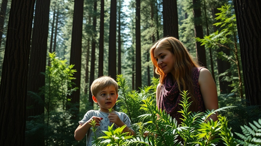Mother and child exploring nature in a forest, discover nature on your doorstep.