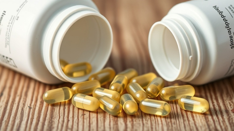 Herbal capsules spilling from a bottle on wooden surface.