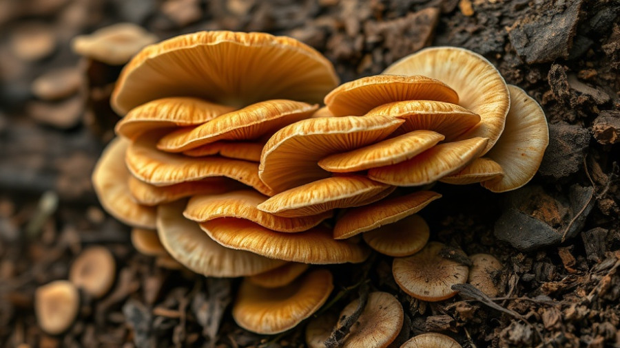 Fungal Buildings Sustainability: Close-up of layered mushrooms on wood