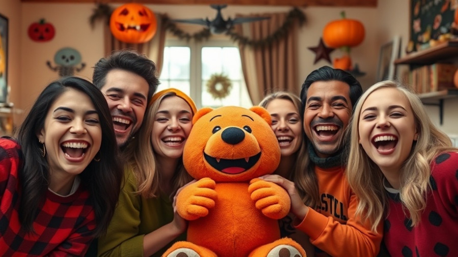 Joyous group celebrating with a plush toy in a colorful room.