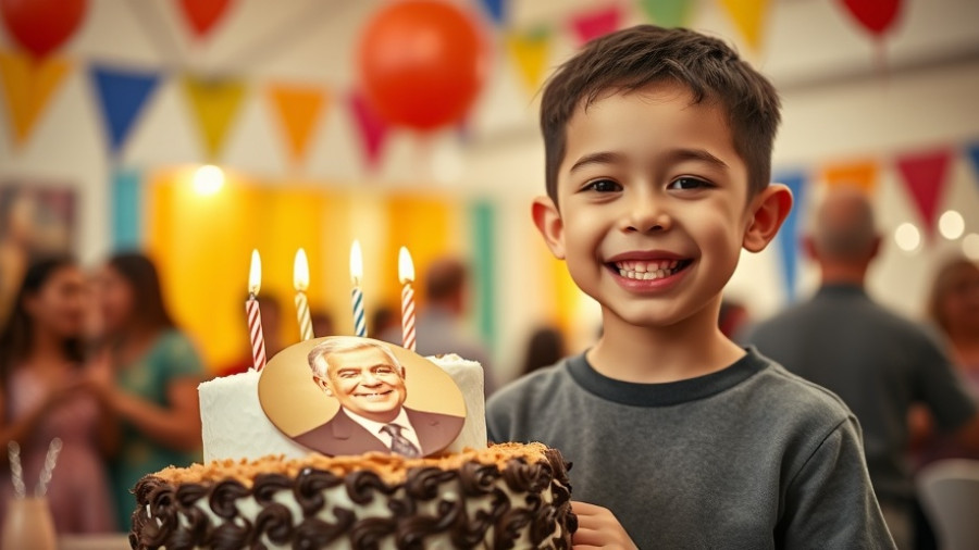 Jimmy Carter-themed birthday party with smiling boy and cake.