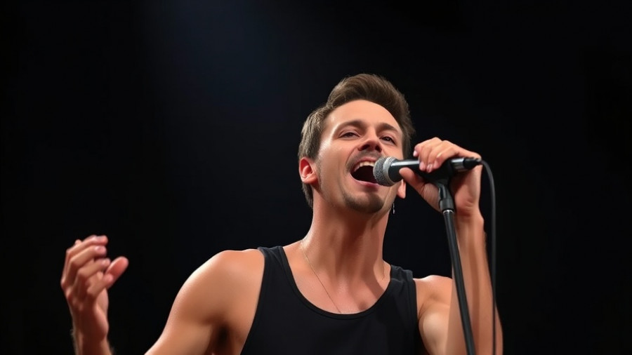 Musician performs passionately on stage in spotlight.