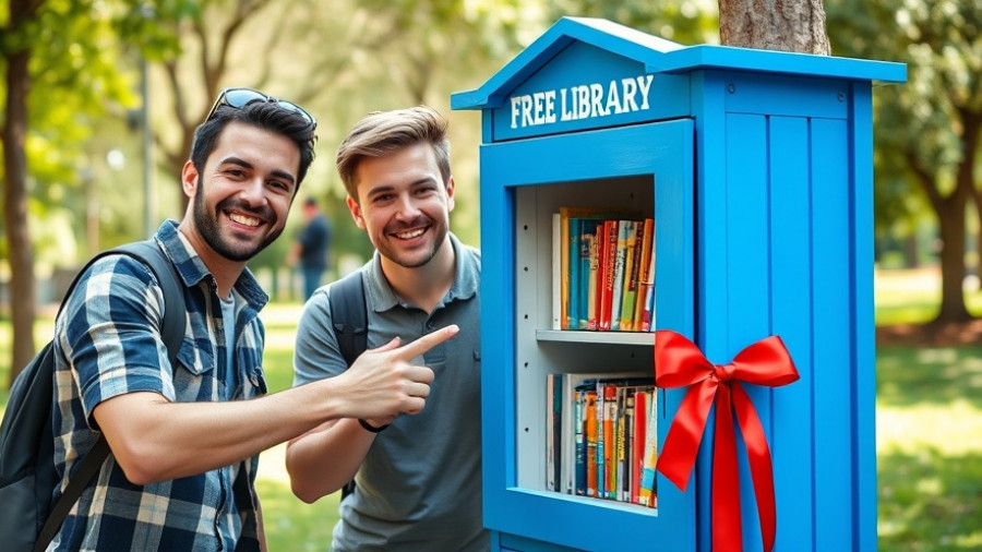Free mini library in Ahmedabad showcased by two young men in a park.