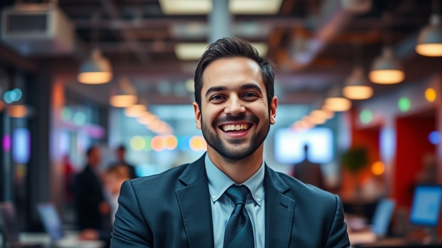 Smiling man in an office setting with colorful lights.