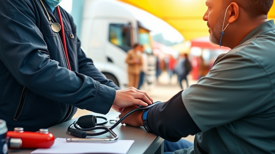 Truck driver getting free health check at community fair.