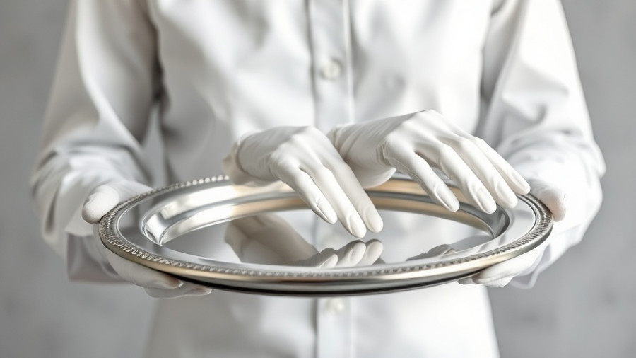 Formal server holding a silver tray, symbolizing hospitality.