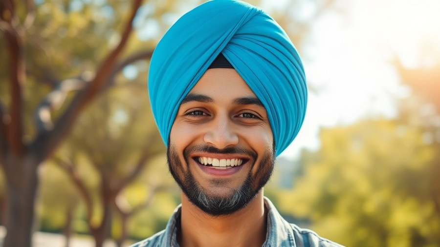 Smiling man in blue turban outdoors, sunny background.