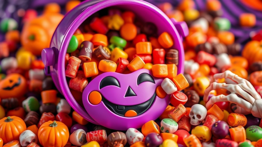 Halloween candy assortment with purple bucket and skeleton hand.