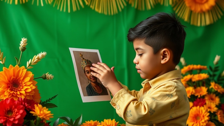 Boy decorating a pet ofrenda with photos and vibrant papel picado.
