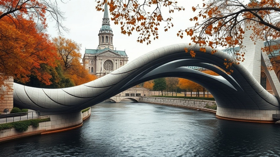 3D-printed bridge with innovative design near cathedral.