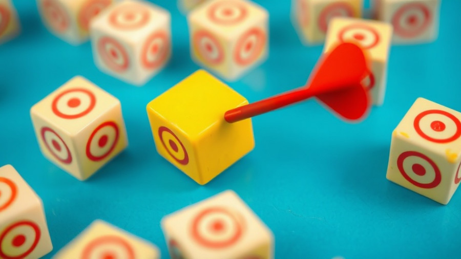 Contrasting yellow cube with red dart, among white cubes on blue.